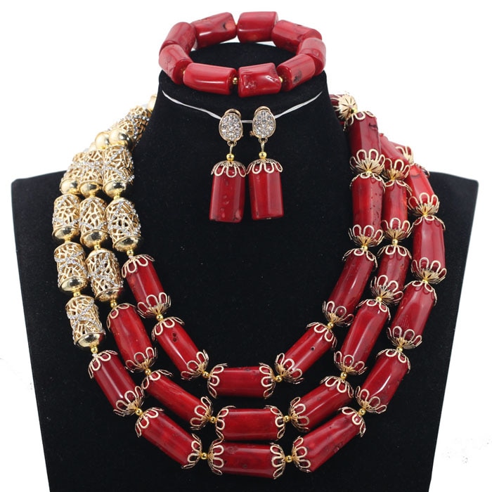 Quality Wine Red Coral Beads Women Jewelry Set Real Natural Coral Necklace Set for Nigerian Wedding CG009