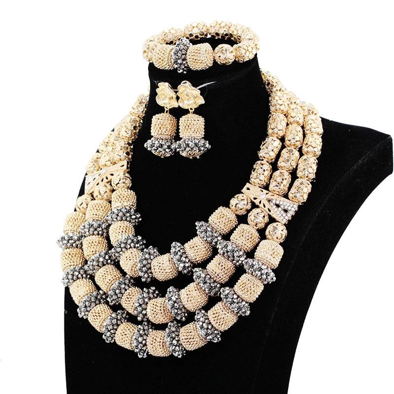 Fantastic African Gold and White Bridal Beads Jewelry Set Nigerian Women Costume Jewelry for Wedding Statement Necklace Set GA52