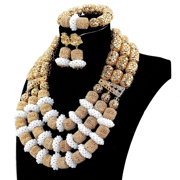 Fantastic African Gold and White Bridal Beads Jewelry Set Nigerian Women Costume Jewelry for Wedding Statement Necklace Set GA52