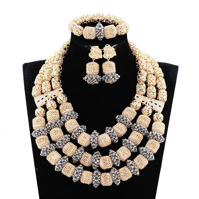 Fantastic African Gold and White Bridal Beads Jewelry Set Nigerian Women Costume Jewelry for Wedding Statement Necklace Set GA52