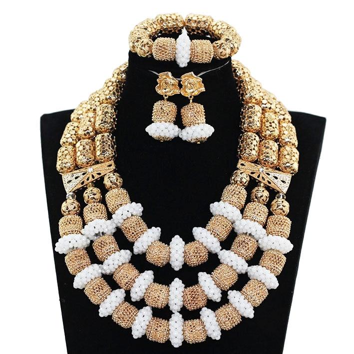 Fantastic African Gold and White Bridal Beads Jewelry Set Nigerian Women Costume Jewelry for Wedding Statement Necklace Set GA52