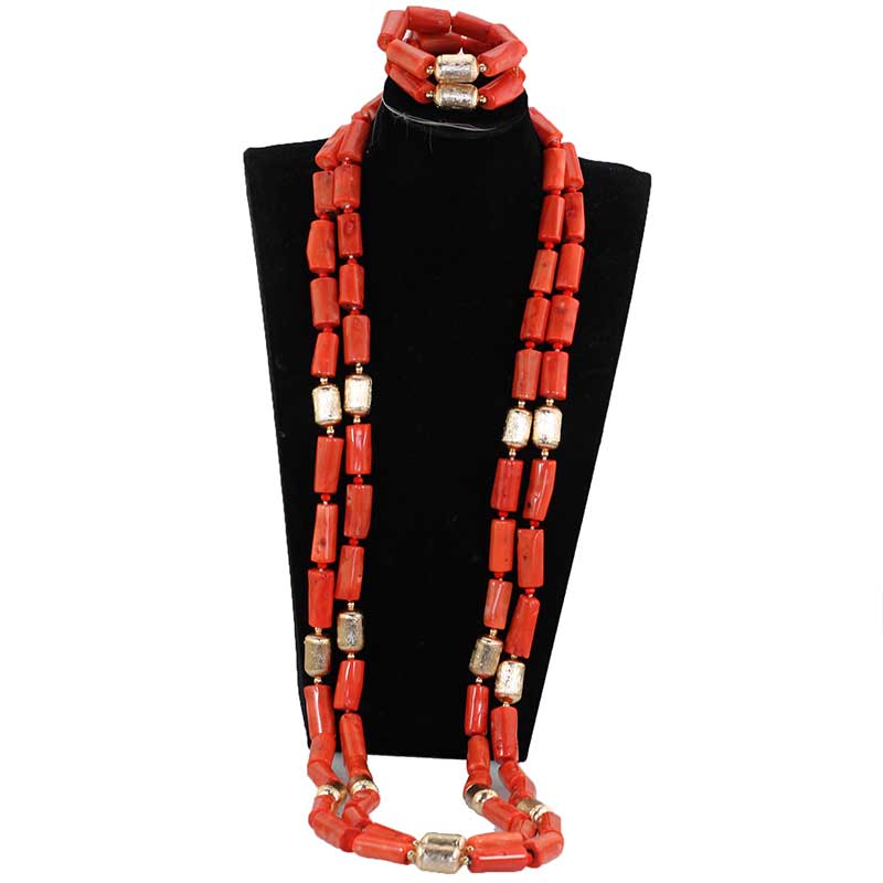 Luxury 3 Layers Red Coral Nigerian Wedding African Beads Jewelry Set 45 inches Gold and Coral Long Statement Necklace Set CNR853