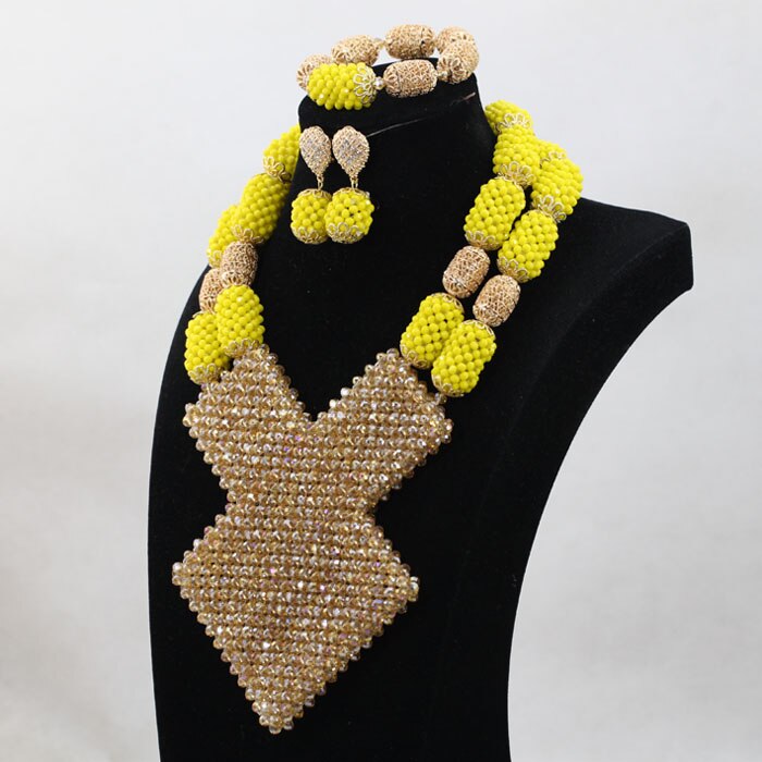 Yellow Bride Crystal Statement Necklace Set Latest African Wedding Nigerian Beads Jewelry Sets Women Gift Free Shipping ABH349
