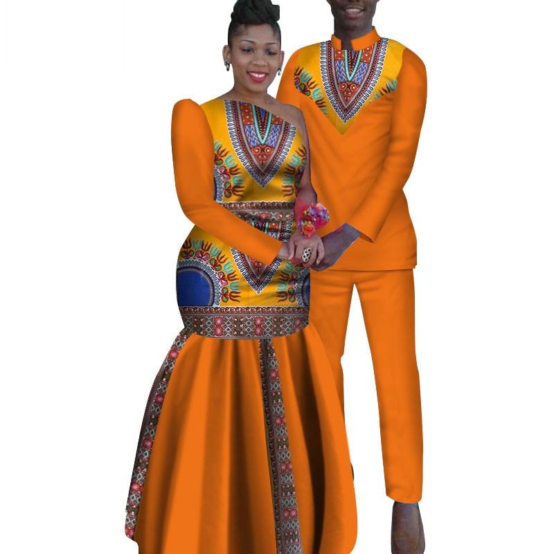 2 Piece Set African Dashiki Print Couple Clothing for Lovers Men's Shirt and pant Women Dress Party Wedding Fashion WYQ16