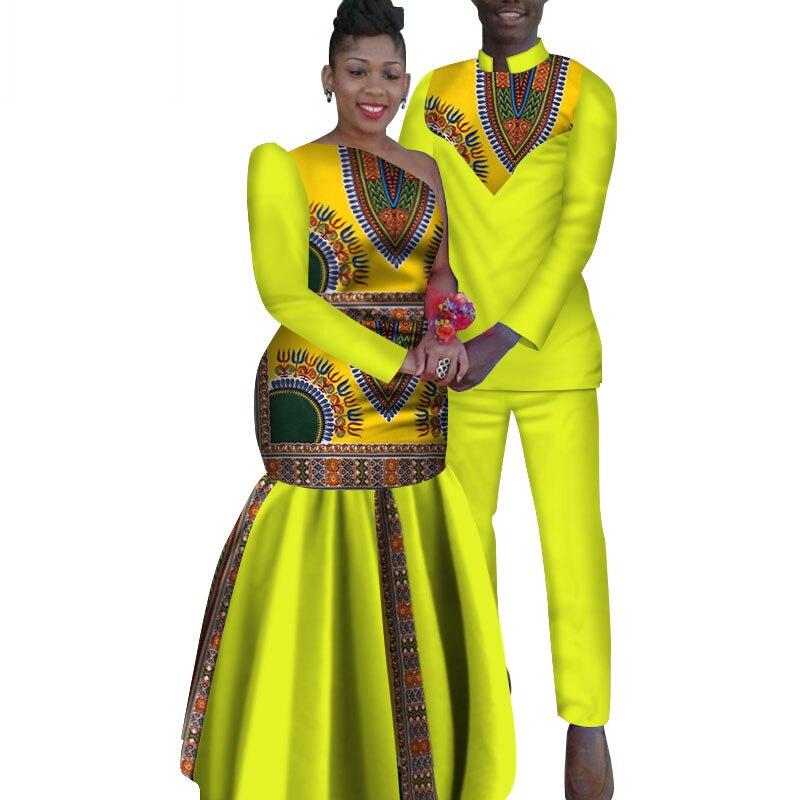 2 Piece Set African Dashiki Print Couple Clothing for Lovers Men's Shirt and pant Women Dress Party Wedding Fashion WYQ16