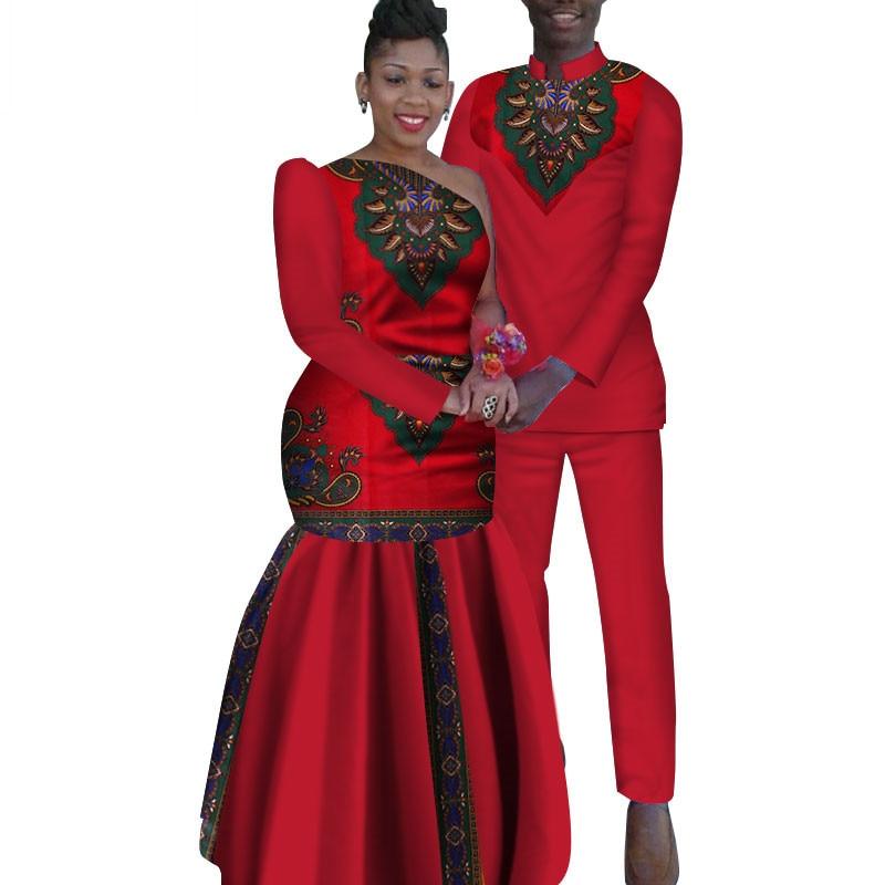 2 Piece Set African Dashiki Print Couple Clothing for Lovers Men's Shirt and pant Women Dress Party Wedding Fashion WYQ16