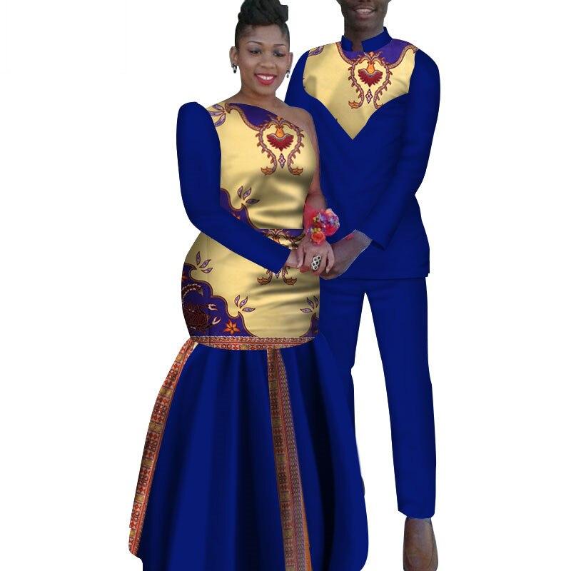 2 Piece Set African Dashiki Print Couple Clothing for Lovers Men's Shirt and pant Women Dress Party Wedding Fashion WYQ16