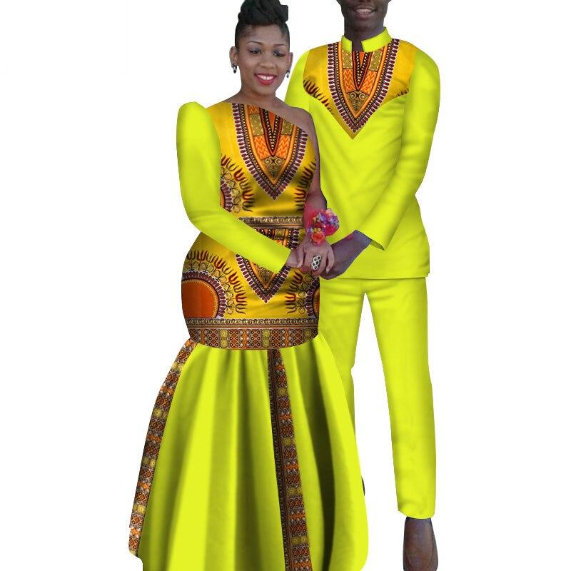 2 Piece Set African Dashiki Print Couple Clothing for Lovers Men's Shirt and pant Women Dress Party Wedding Fashion WYQ16