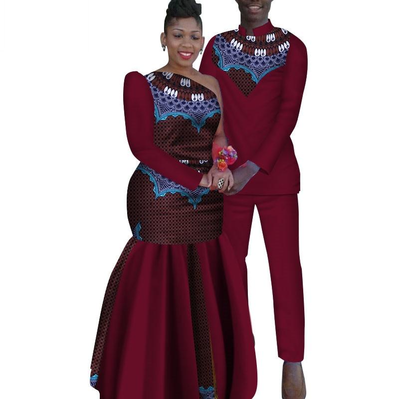 2 Piece Set African Dashiki Print Couple Clothing for Lovers Men's Shirt and pant Women Dress Party Wedding Fashion WYQ16