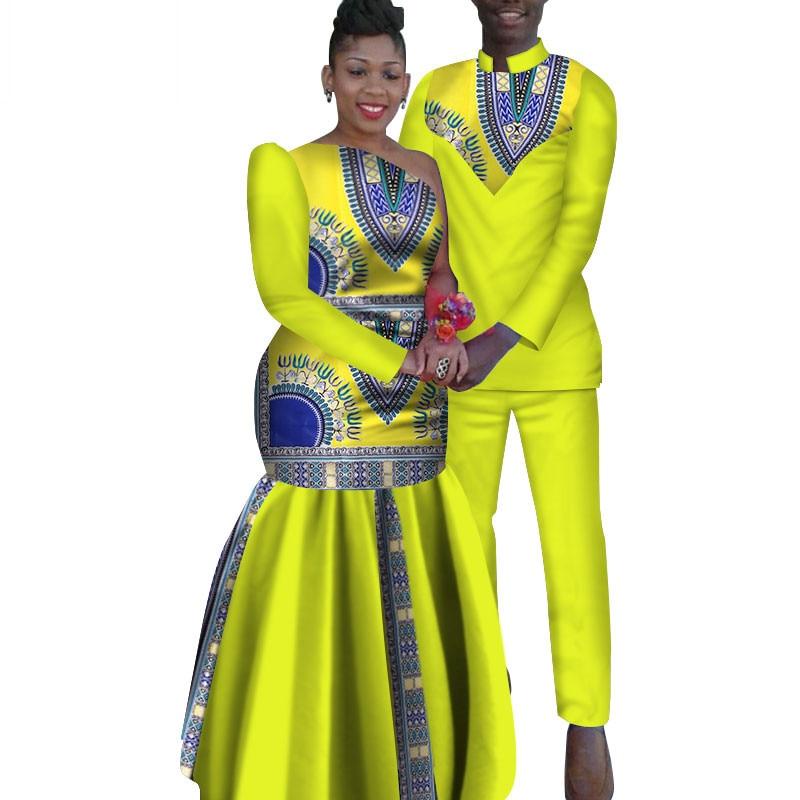 2 Piece Set African Dashiki Print Couple Clothing for Lovers Men's Shirt and pant Women Dress Party Wedding Fashion WYQ16