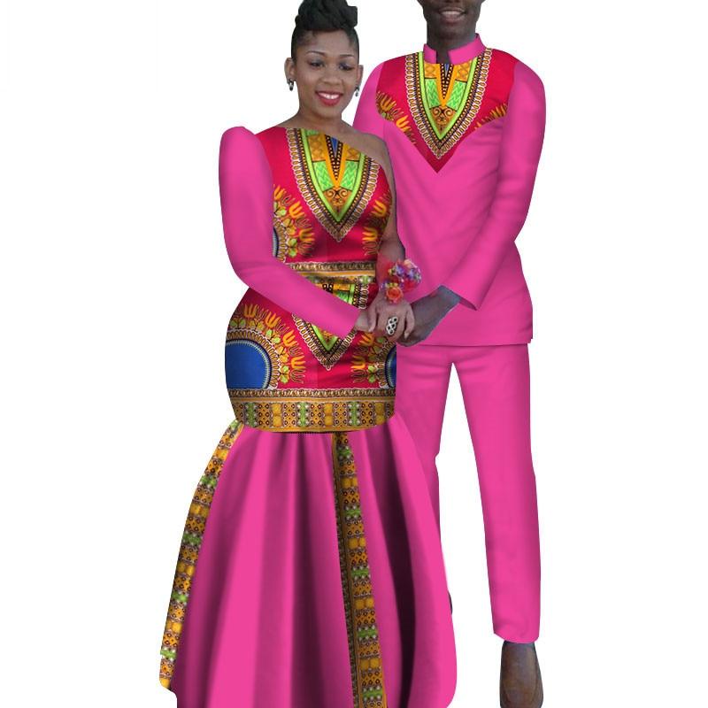 2 Piece Set African Dashiki Print Couple Clothing for Lovers Men's Shirt and pant Women Dress Party Wedding Fashion WYQ16