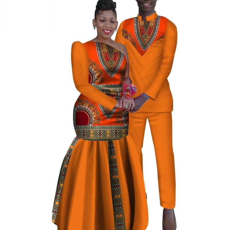 2 Piece Set African Dashiki Print Couple Clothing for Lovers Men's Shirt and pant Women Dress Party Wedding Fashion WYQ16