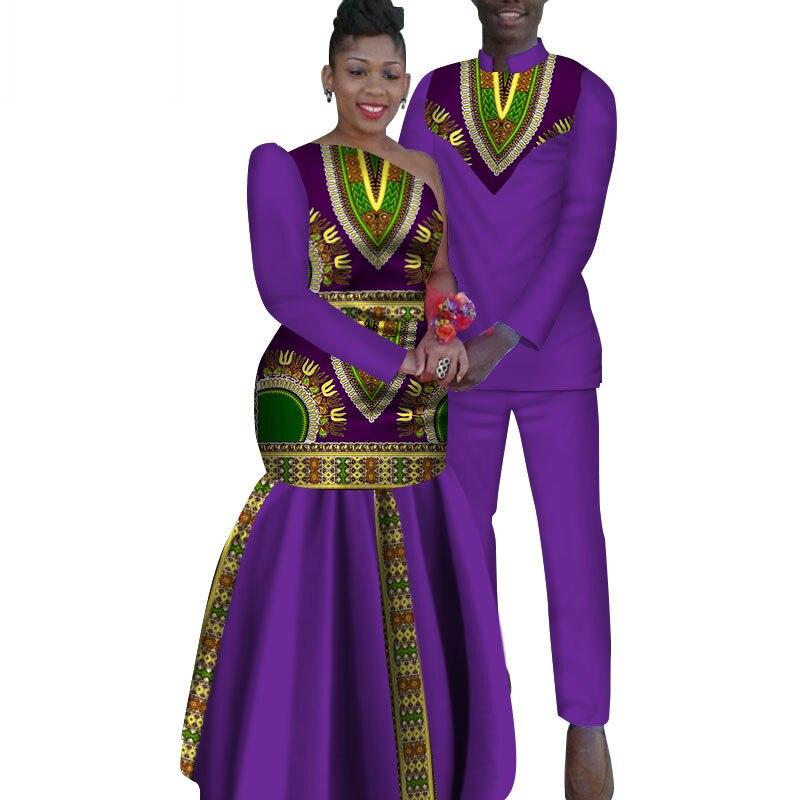 2 Piece Set African Dashiki Print Couple Clothing for Lovers Men's Shirt and pant Women Dress Party Wedding Fashion WYQ16