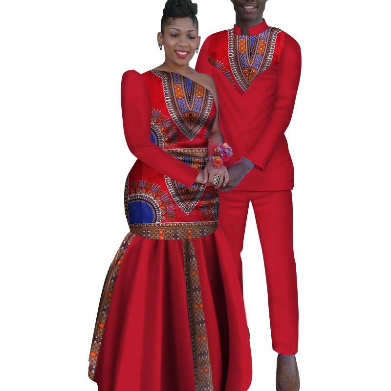 2 Piece Set African Dashiki Print Couple Clothing for Lovers Men's Shirt and pant Women Dress Party Wedding Fashion WYQ16