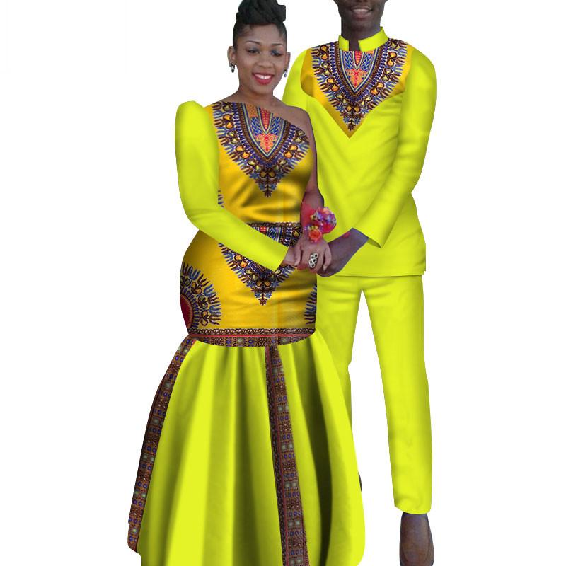 2 Piece Set African Dashiki Print Couple Clothing for Lovers Men's Shirt and pant Women Dress Party Wedding Fashion WYQ16