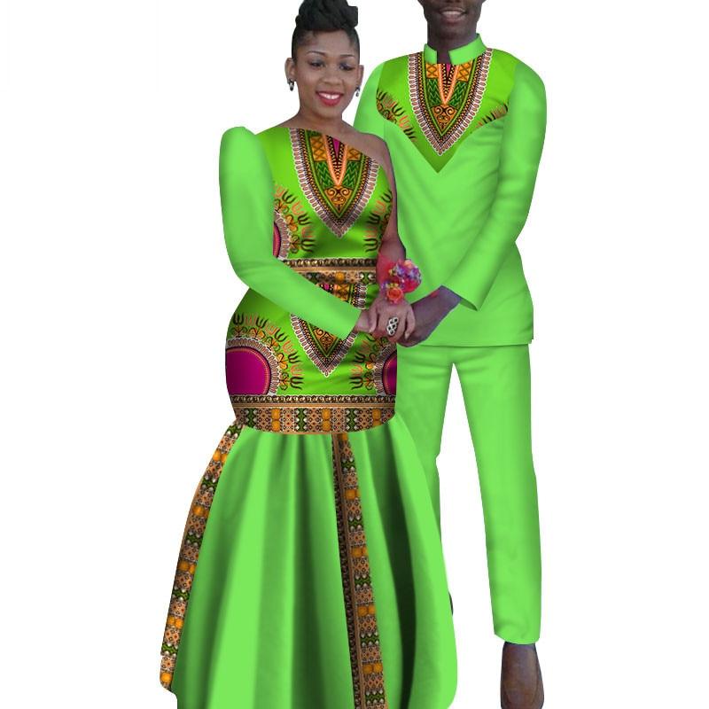 2 Piece Set African Dashiki Print Couple Clothing for Lovers Men's Shirt and pant Women Dress Party Wedding Fashion WYQ16