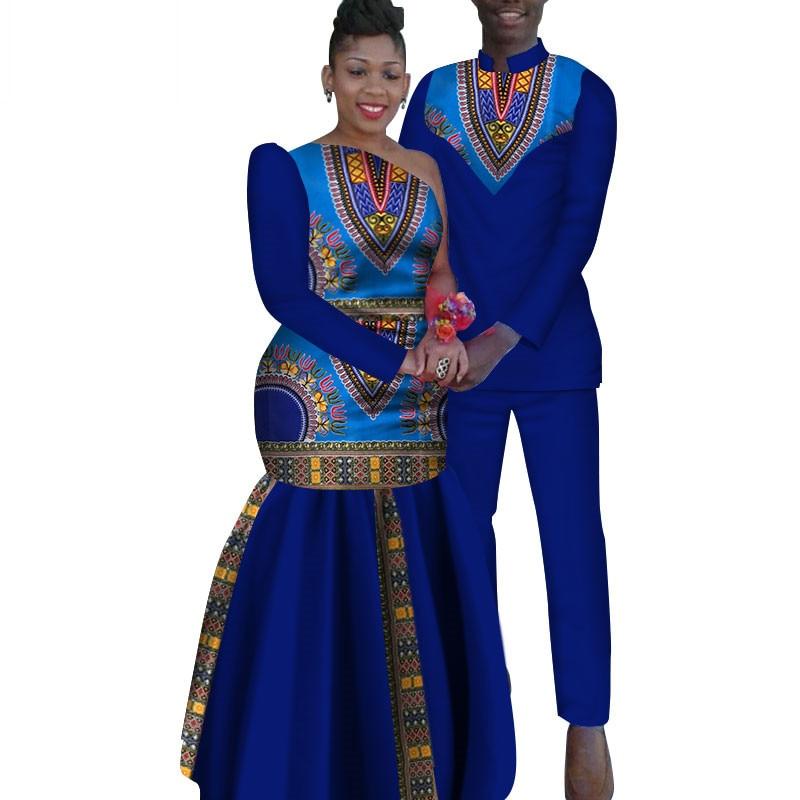 2 Piece Set African Dashiki Print Couple Clothing for Lovers Men's Shirt and pant Women Dress Party Wedding Fashion WYQ16