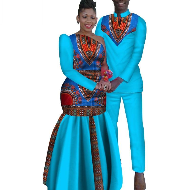 2 Piece Set African Dashiki Print Couple Clothing for Lovers Men's Shirt and pant Women Dress Party Wedding Fashion WYQ16