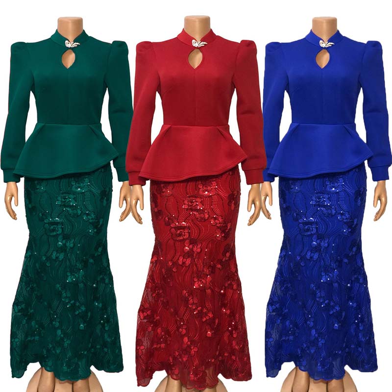 Sequins Embroidery Bodycon Dress Women African Clothes Evening Party Dress Long Sleeve Ruffles Fishtail Long Dress Autumn Winter