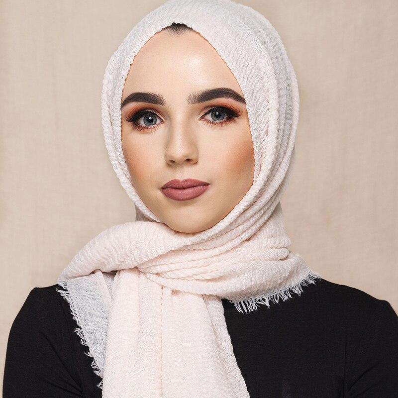 2019 fashion bubble plain cotton scarf fringes women soft solid wrinkle muffler shawl pashmina wrap muslim crinkle hijabs stoles