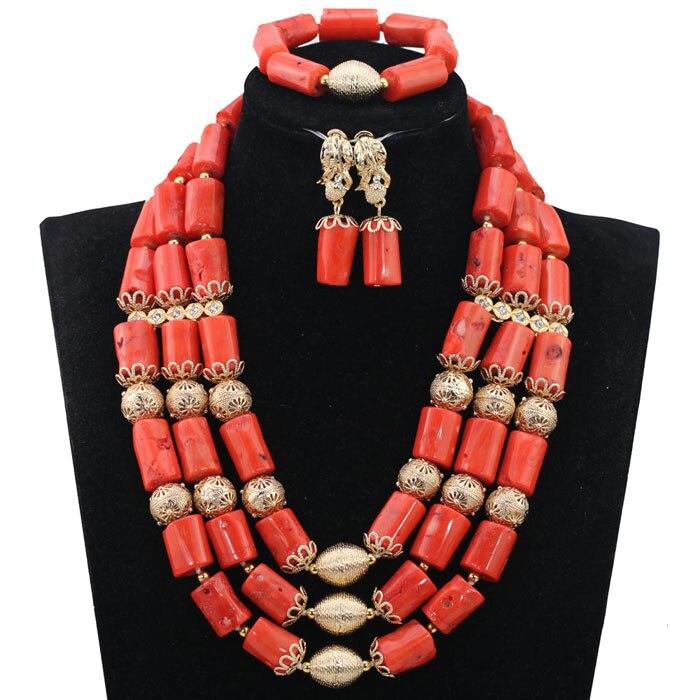 African Traditional Wedding Coral Beads Jewelry Sets Gold Jewelry Accessory