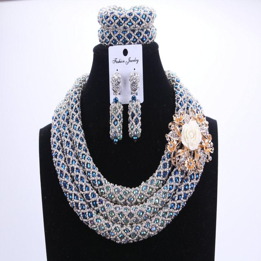 Silver Blue Dudo African Beads Jewelry Sets 2017 Bridal Jewelry Sets & More Nigerian Wedding Beads African Necklace For Women