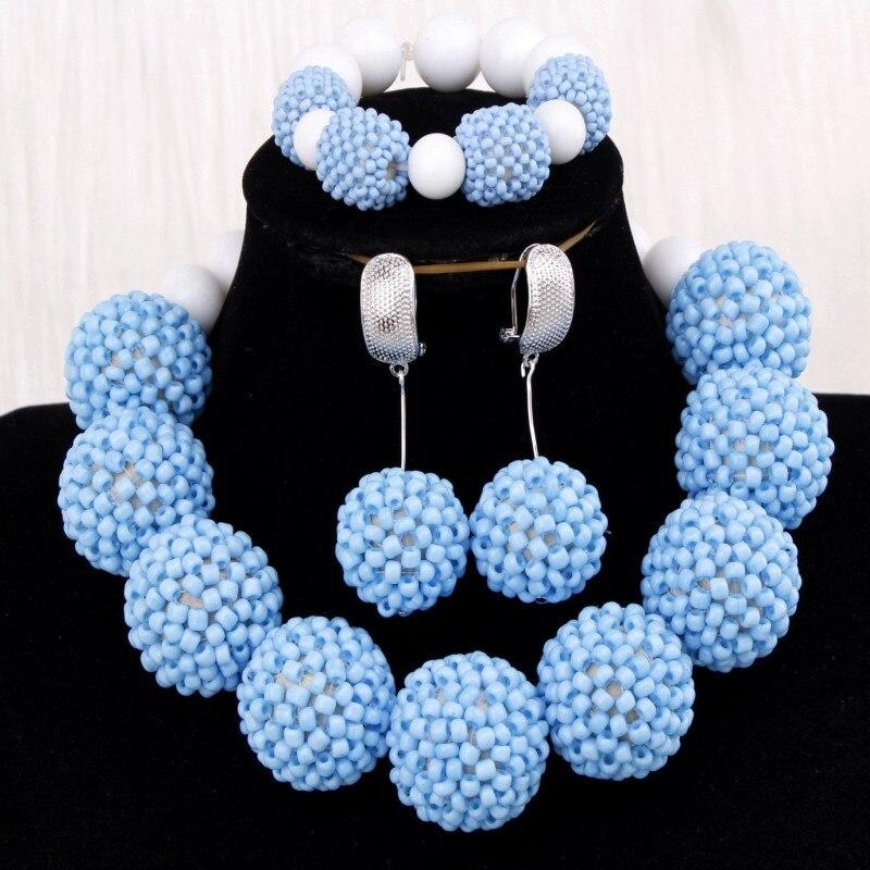 Silver Blue Dudo African Beads Jewelry Sets 2017 Bridal Jewelry Sets & More Nigerian Wedding Beads African Necklace For Women