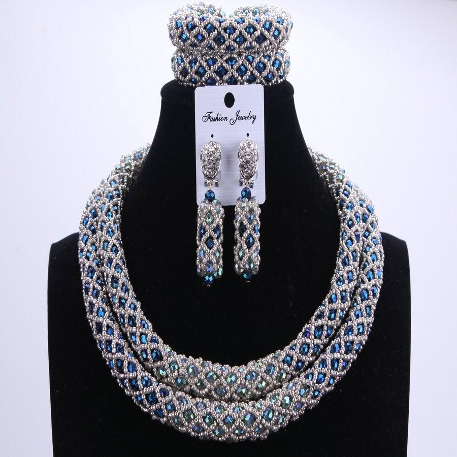 Silver Blue Dudo African Beads Jewelry Sets 2017 Bridal Jewelry Sets & More Nigerian Wedding Beads African Necklace For Women