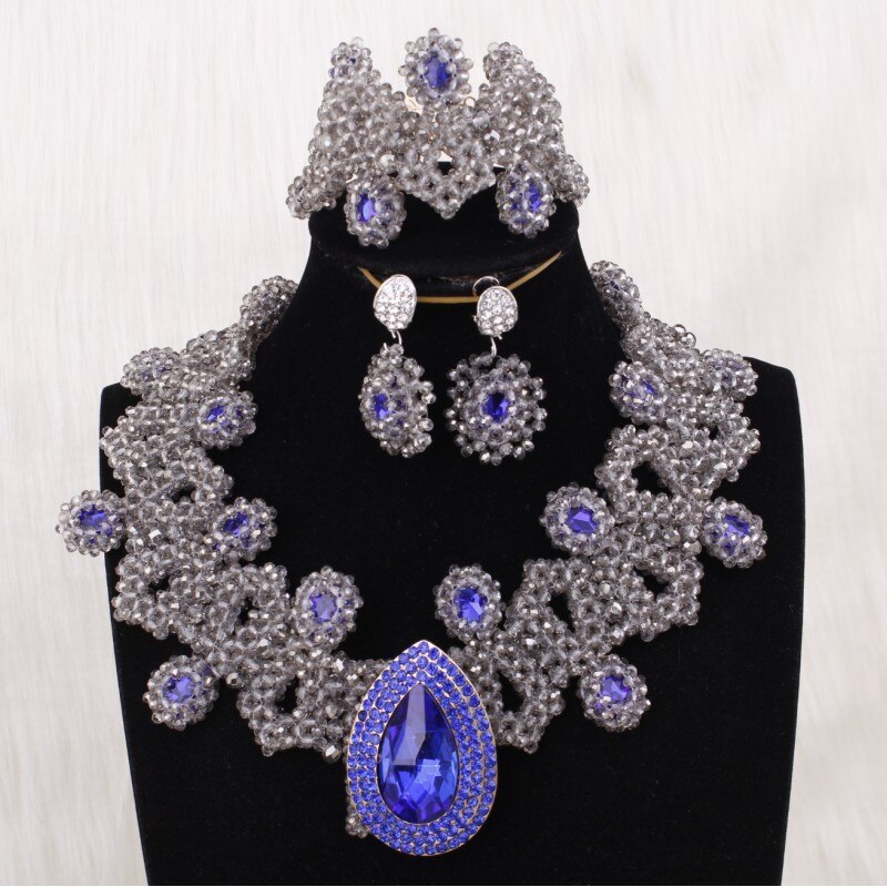 Silver Blue Dudo African Beads Jewelry Sets 2017 Bridal Jewelry Sets & More Nigerian Wedding Beads African Necklace For Women