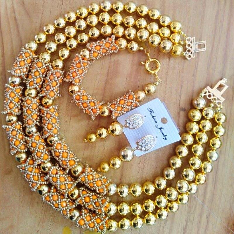 Dudo Orange Amazing African Beads Jewelry Sets Crystal Necklace Set Wedding Nigerian Bridal 3 Pics Sets Free Shipping 2018 Gold