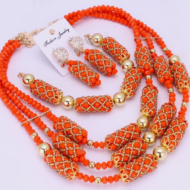 Dudo Orange Amazing African Beads Jewelry Sets Crystal Necklace Set Wedding Nigerian Bridal 3 Pics Sets Free Shipping 2018 Gold