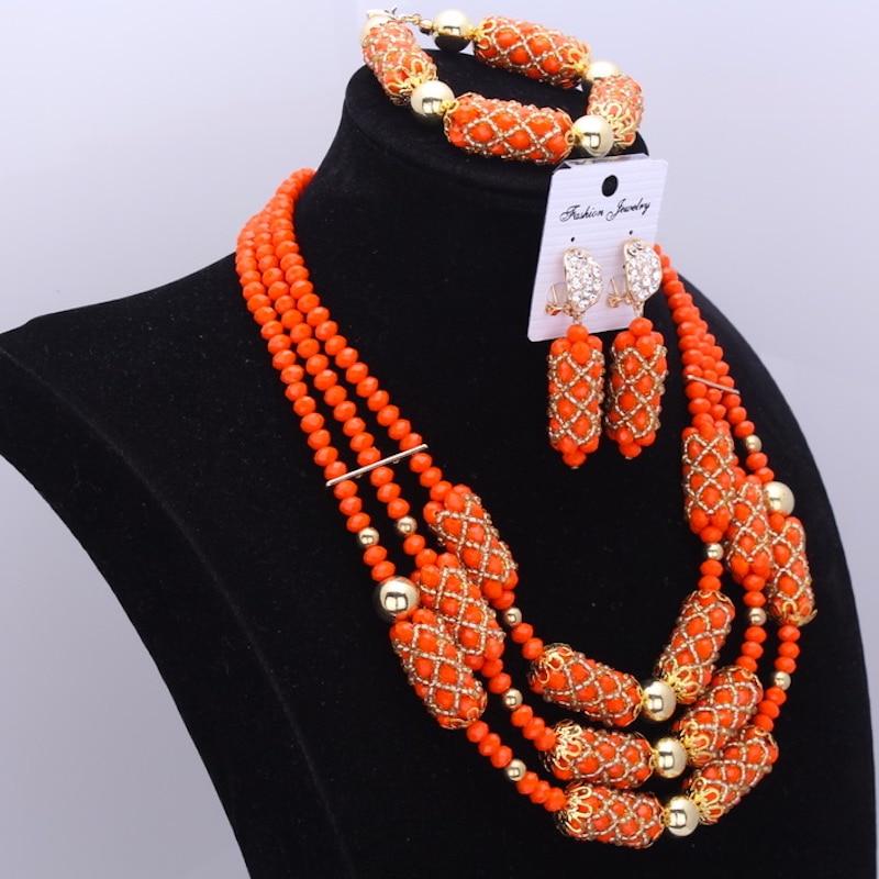 Dudo Orange Amazing African Beads Jewelry Sets Crystal Necklace Set Wedding Nigerian Bridal 3 Pics Sets Free Shipping 2018 Gold