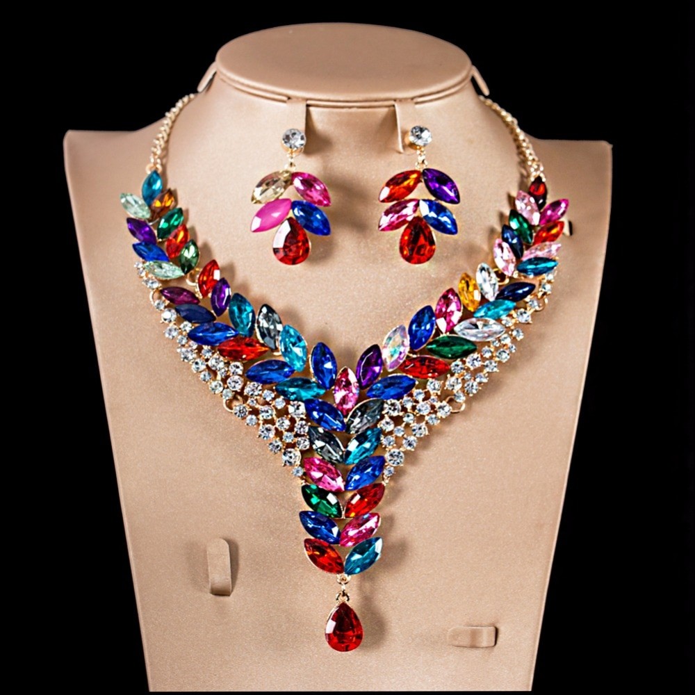 LAN PALACE latest african beads for wedding gold color multi color jewelry sets necklace and earrings six colors free shipping