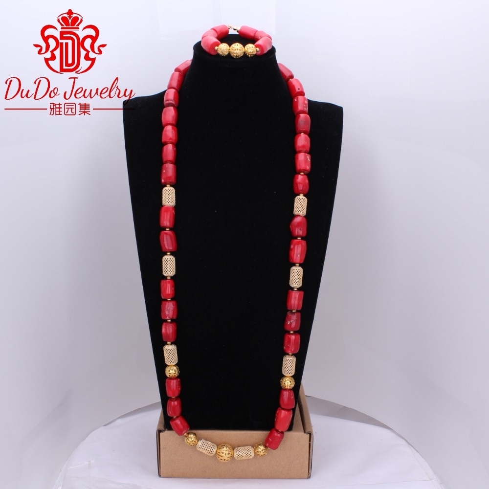 Dudo Jewelry African Men Coral Beads Jewelry Sets For Nigerian Weddings Genuine Coral Necklace Set Bracelet 2 Pics Free Ship