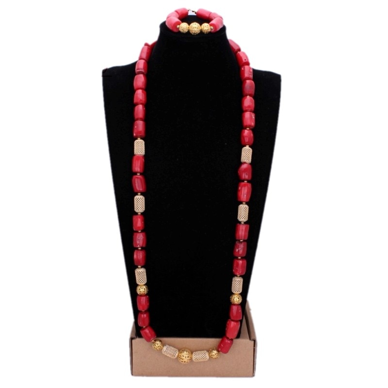 Dudo Jewelry African Men Coral Beads Jewelry Sets For Nigerian Weddings Genuine Coral Necklace Set Bracelet 2 Pics Free Ship