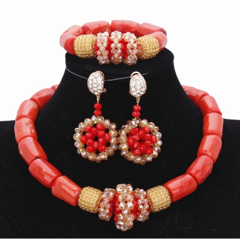 Dudo Water Drop African Beads Real Coral Jewelry Necklace Set With Bracelet and Earrings Luxury Nigerian Wedding Jewellery Set