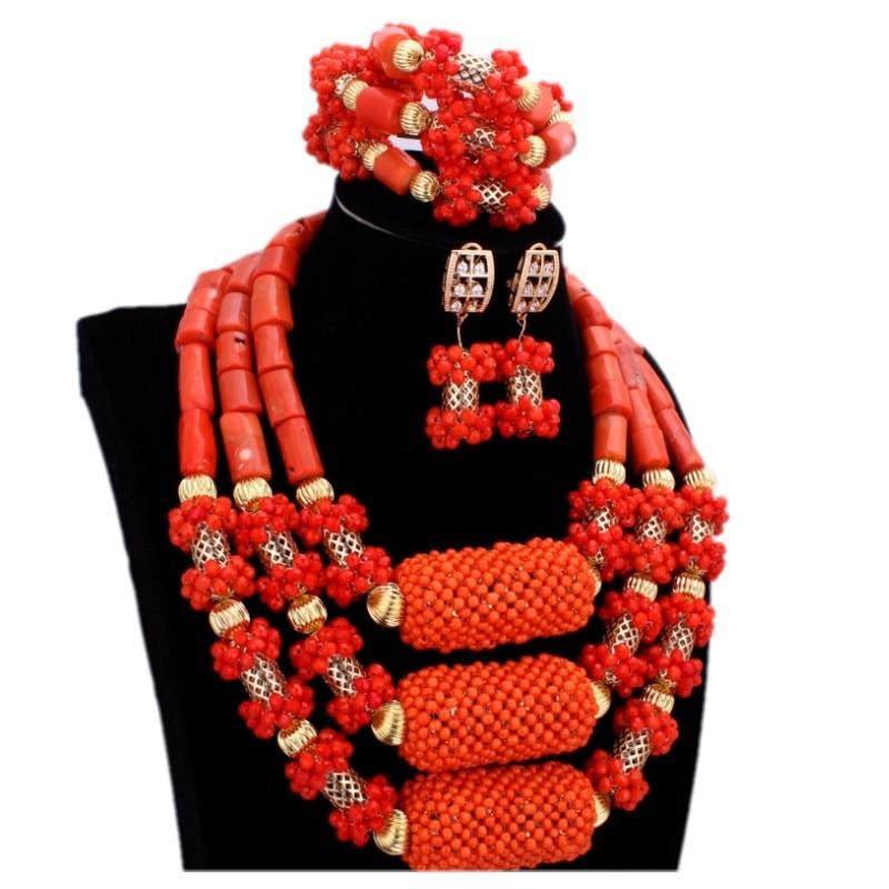 Dudo Water Drop African Beads Real Coral Jewelry Necklace Set With Bracelet and Earrings Luxury Nigerian Wedding Jewellery Set