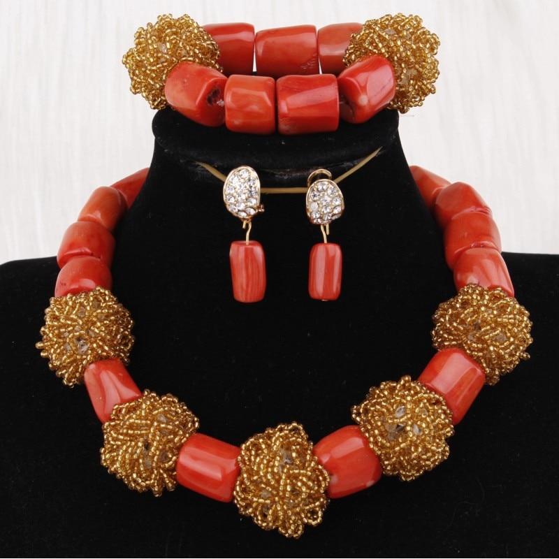 Dudo Water Drop African Beads Real Coral Jewelry Necklace Set With Bracelet and Earrings Luxury Nigerian Wedding Jewellery Set