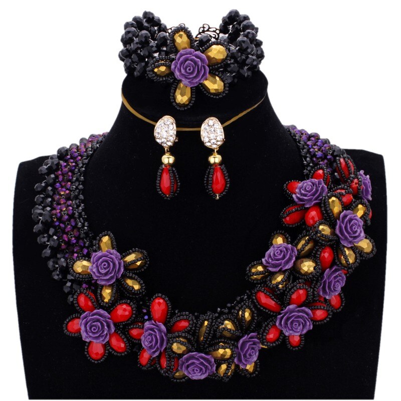 Dudo Store African Jewellery Gold and Black Nigerian Necklace Set For Women 2 Layers Crystal Beaded Flower Party Jewelry Set