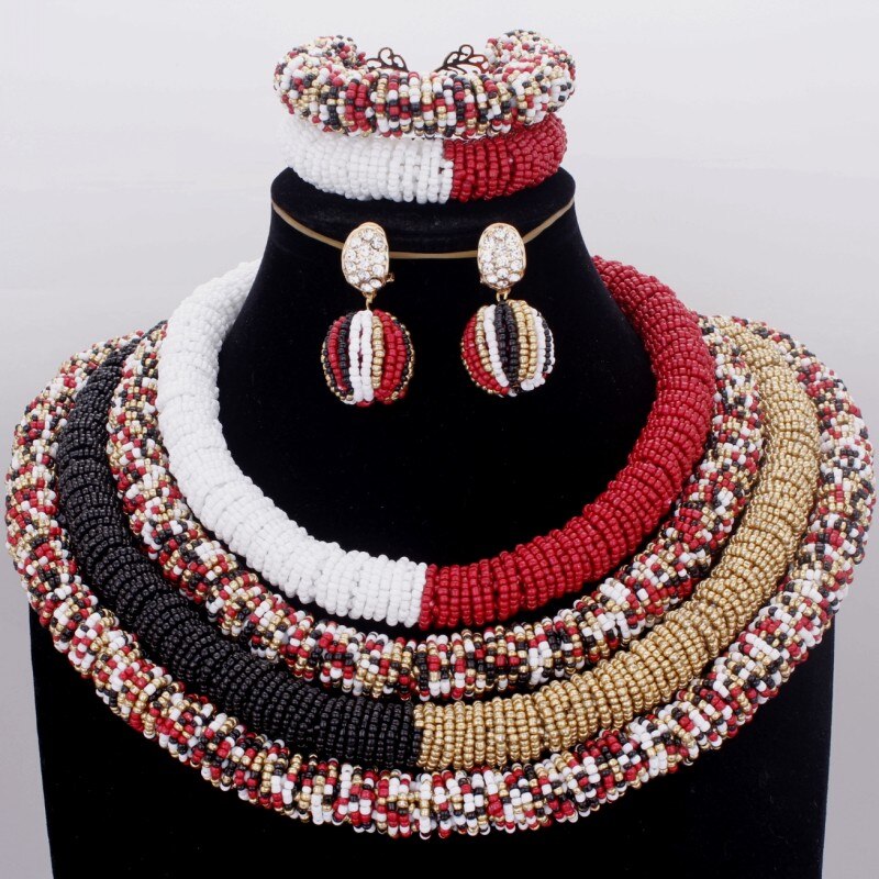 Dudo Store African Jewellery Gold and Black Nigerian Necklace Set For Women 2 Layers Crystal Beaded Flower Party Jewelry Set