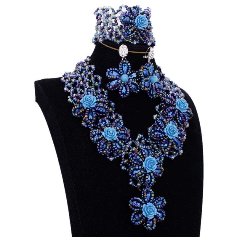 Dudo Store African Jewellery Gold and Black Nigerian Necklace Set For Women 2 Layers Crystal Beaded Flower Party Jewelry Set