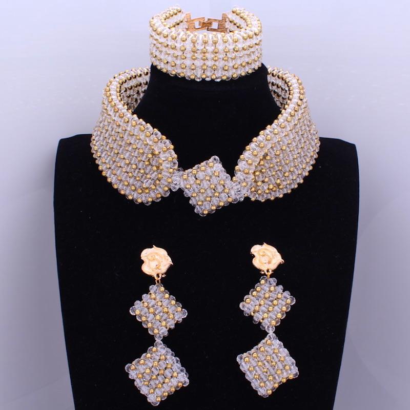 Dudo Store African Jewellery Gold and Black Nigerian Necklace Set For Women 2 Layers Crystal Beaded Flower Party Jewelry Set