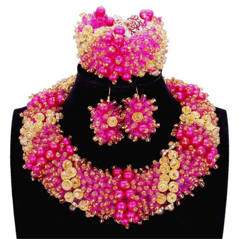 Dudo Store African Jewellery Gold and Black Nigerian Necklace Set For Women 2 Layers Crystal Beaded Flower Party Jewelry Set