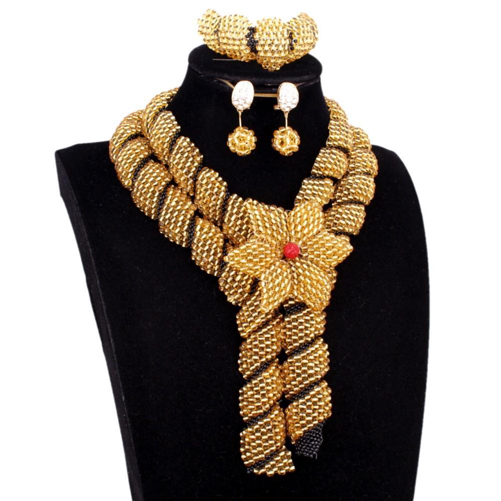 Dudo Store African Jewellery Gold and Black Nigerian Necklace Set For Women 2 Layers Crystal Beaded Flower Party Jewelry Set