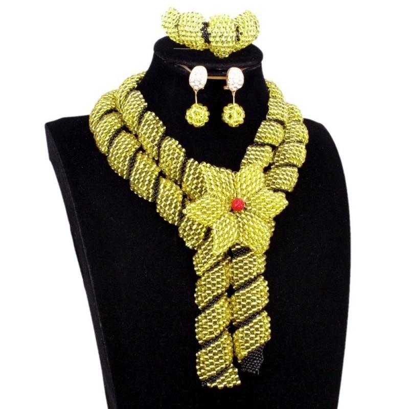 Dudo Store African Jewellery Gold and Black Nigerian Necklace Set For Women 2 Layers Crystal Beaded Flower Party Jewelry Set