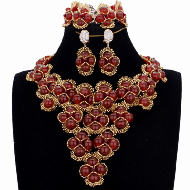 Dudo Store African Jewellery Gold and Black Nigerian Necklace Set For Women 2 Layers Crystal Beaded Flower Party Jewelry Set