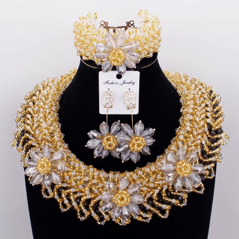 Dudo Store African Jewellery Gold and Black Nigerian Necklace Set For Women 2 Layers Crystal Beaded Flower Party Jewelry Set