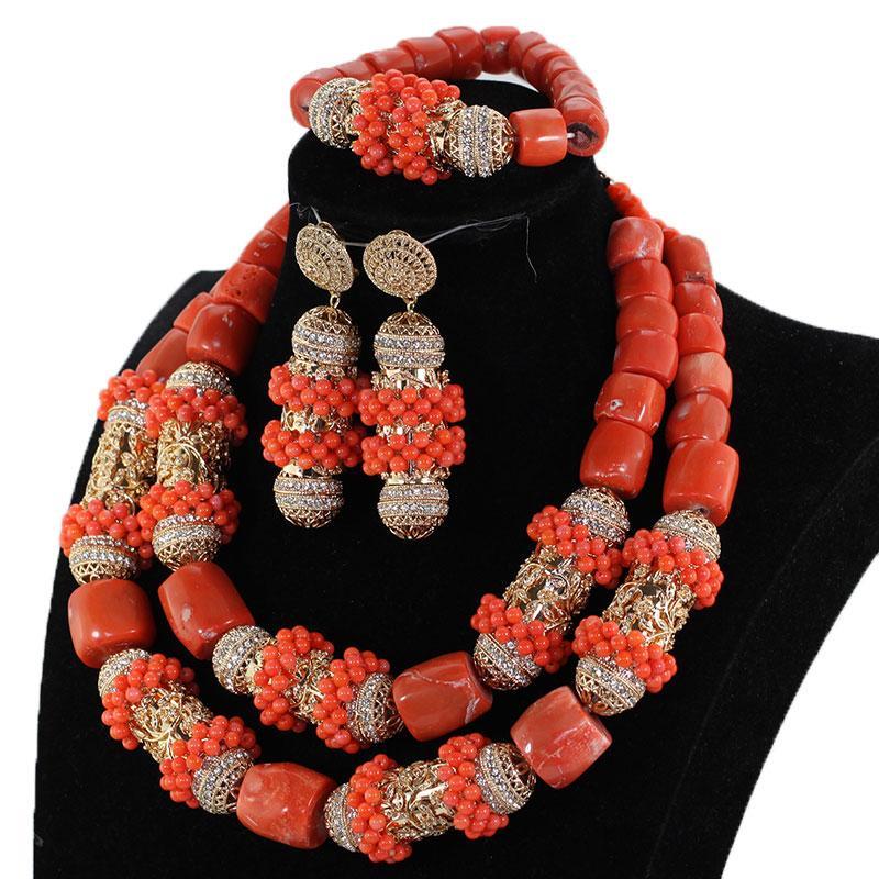 New Original Coral and Gold Chunky Bridal Jewelry Set African Coral Beads Jewelry Set for Nigerian Wedding Gift for Women CG063