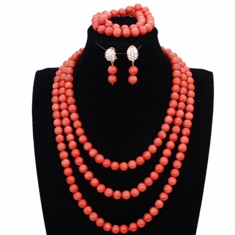 African Coral Beads Bridal Jewelry Set Nigerian Wedding Orange Or Red Jewellery Set For Women Necklace Set Dubai Gold Balls Set