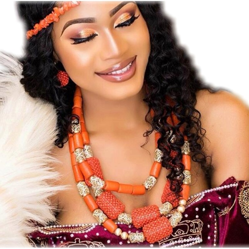 African Coral Beads Bridal Jewelry Set Nigerian Wedding Orange Or Red Jewellery Set For Women Necklace Set Dubai Gold Balls Set